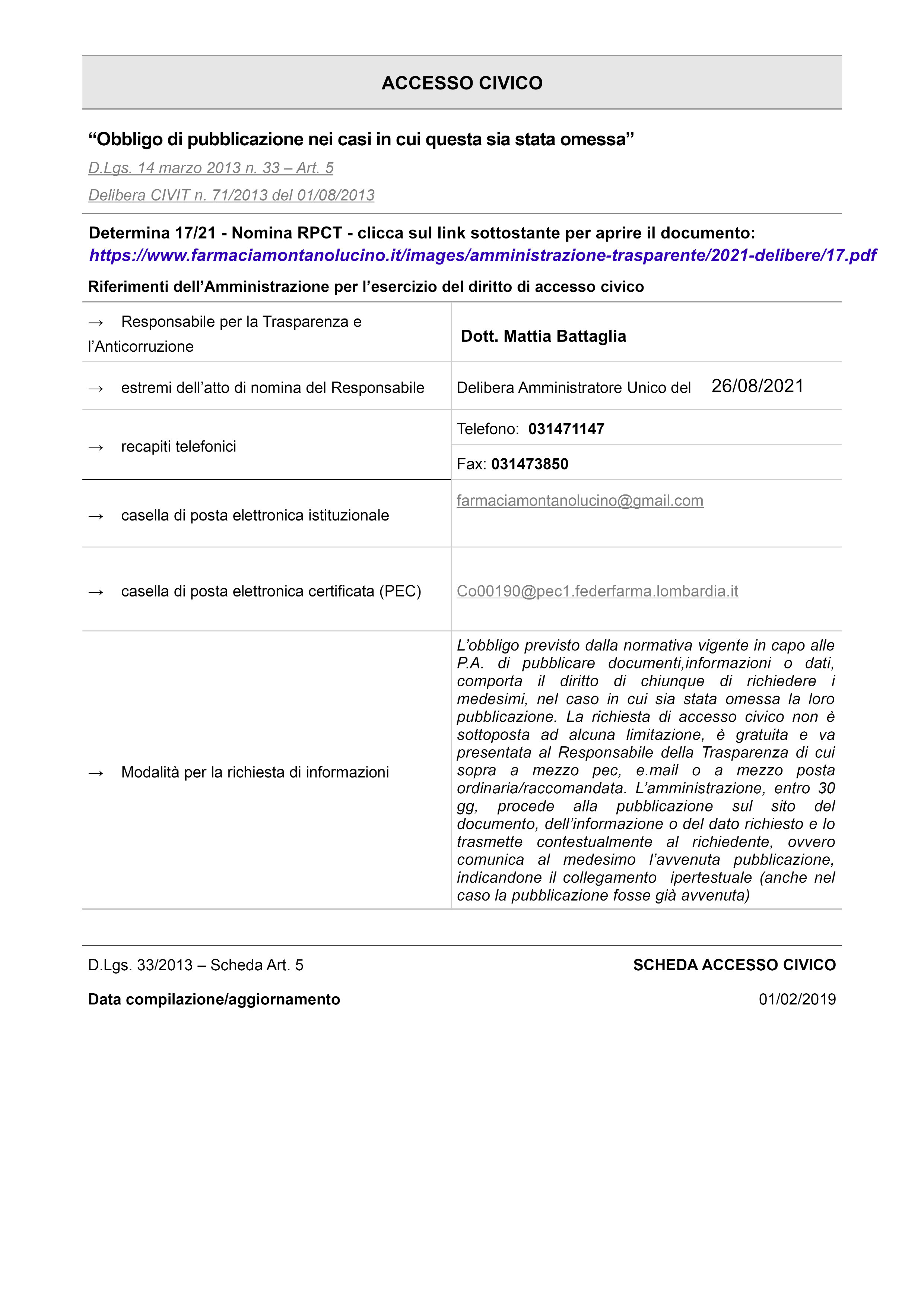 Scheda Accesso civico Nomina Battaglia